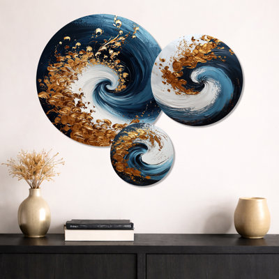 Bleu et or en spirale majestueux Vortex I - ensemble d'art mural en spirale abstraite en métal de 3