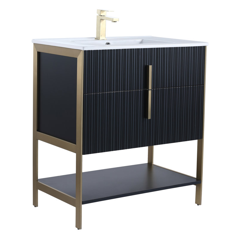  Serenity Modern Bathroom Vanity with White Ceramic Top, 30", Black Matte/Brass