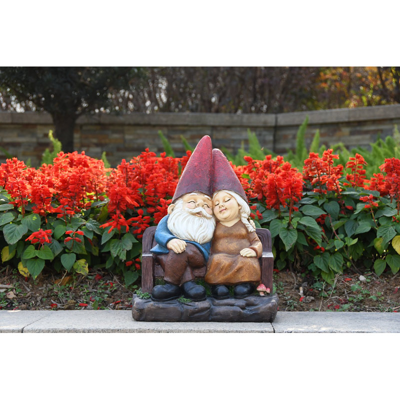  Whimsical Serenity: Robert & Sofia Gnome Couple on Bench, Eyes Closed in Love