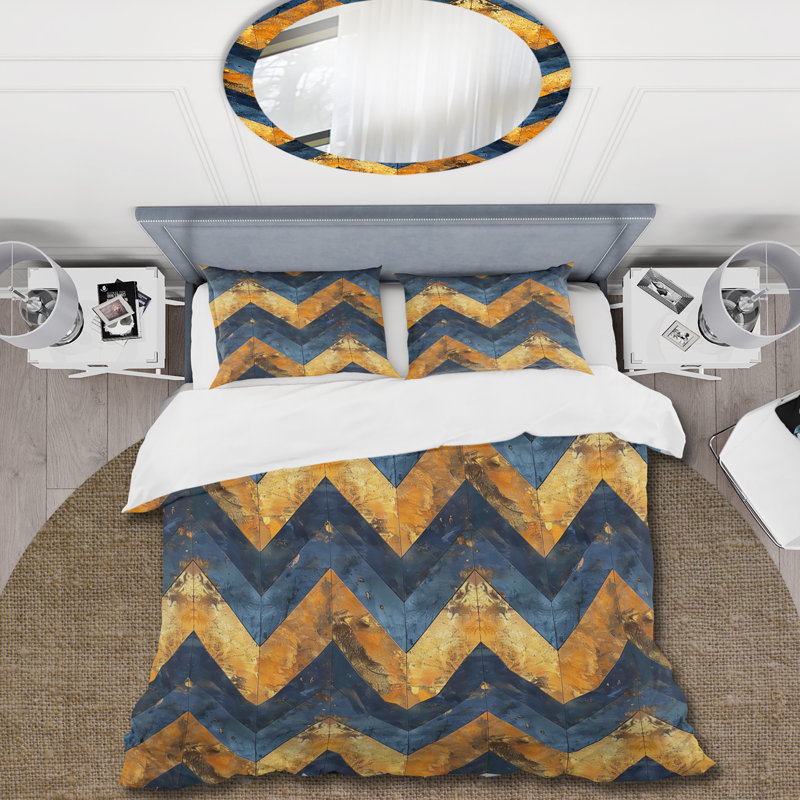 Ensemble de housse de couette Blue Gold Glamour Chevron II - Midcentury, Housse de couette simple + 2 taies décoratives st