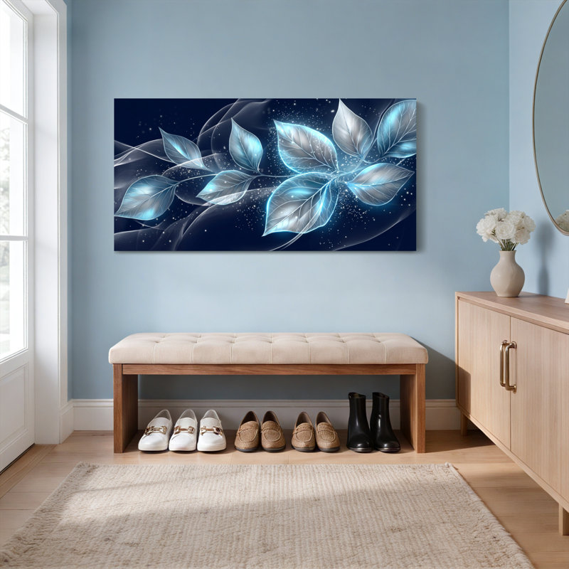 «Blue Leaf», art abstrait sur toile tendue sur toile, ensemble de 1, H 12 po x l 36 po