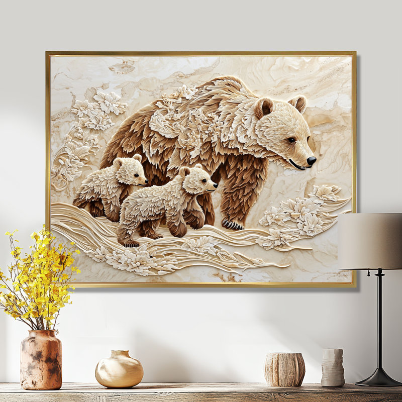 Décoration murale mère ours et oursons I, H 12 po x l 20 po, Impression dans un cadre flottant sans passe-parto, Doré