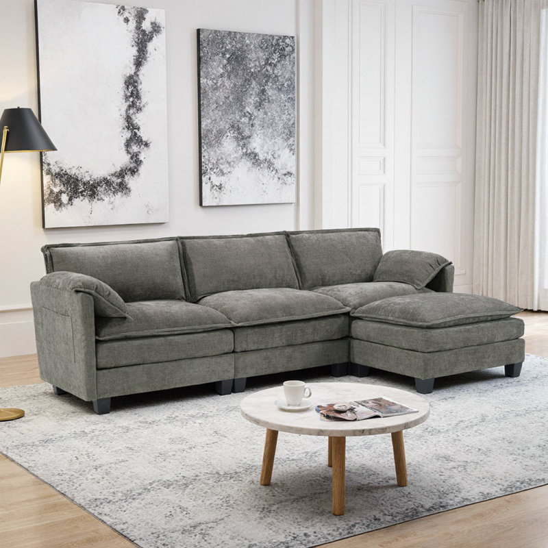 Canapé modulaire en velours côtelé beige avec rangement en forme de L 107 po Cloud-Like, Turquoise, bouledogue français