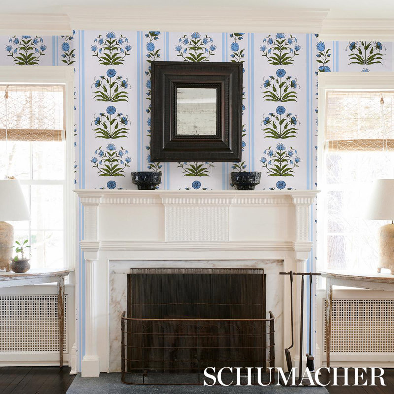 Schumacher x Marie-Anne Oudejans Poppy Stripes Wallpaper, Blue