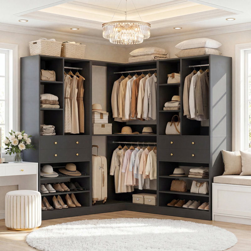 Navada Closet System with Wooden Drawers and Shoe Racks, Black