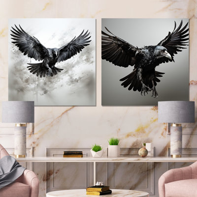 Raven gris et noir en vol I - Raven, ensemble de 2 reproductions d'art en métal