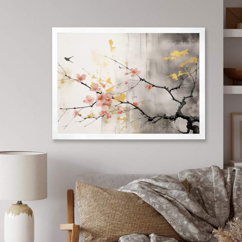 Art asiatique Sumi Blossom I - art mural asiatique, H 24 po x l 32 po x P 1 po, Cadre simple blanc