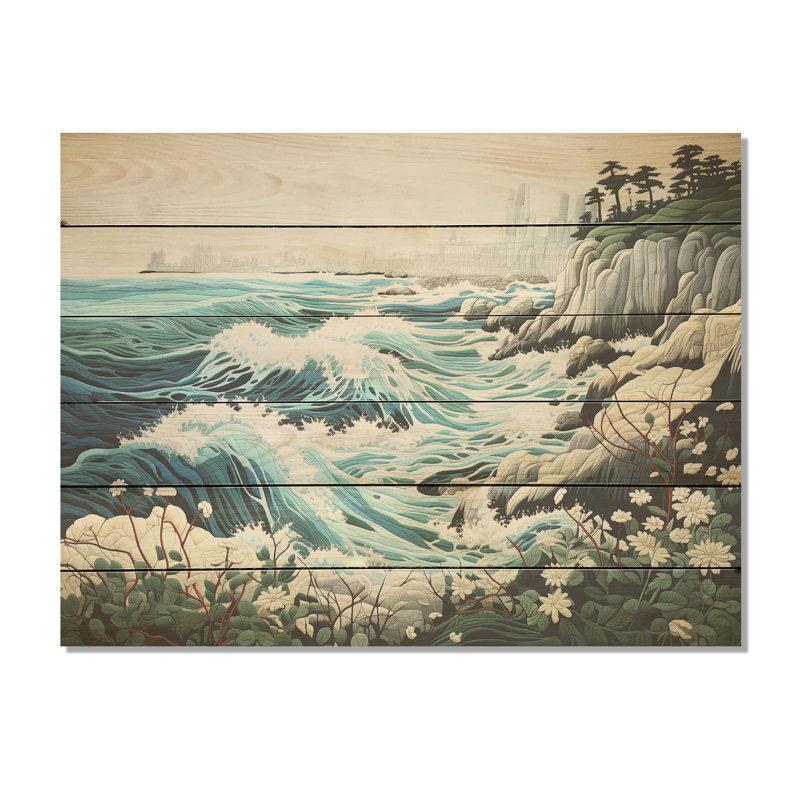 Japan Coastal Blue And White Storm I - Coastal Coral Under Water Wood Wall Art On Natural Pine Wood, 10" H x 20" W