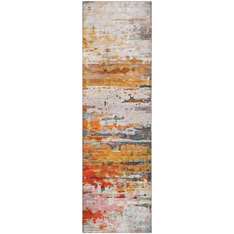 Premium Machine Washable Mayfield AMF2034 Abstract Rug, 2'3" x 7'6" Runner, Terracotta