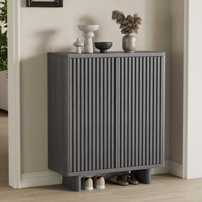 Meuble à chaussures 41,5 pouces avec porte cannelée, rangement à 5 niveaux avec 4 tablettes réglables, banc à chaussures rustique pour entrée, 2 pièces