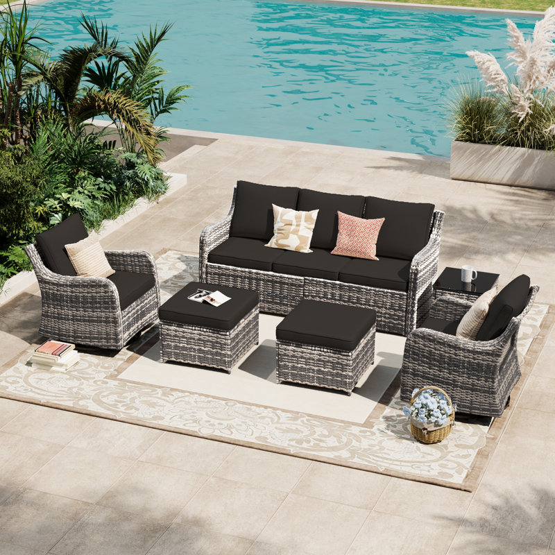  Patio Furniture Set With Swivel Rocking Chairs, 6 Pieces Patio Conversation Set, Outdoor Wicker Sofa Couch With Waterproof Cushions For Lawn Backyard Porch (Black)