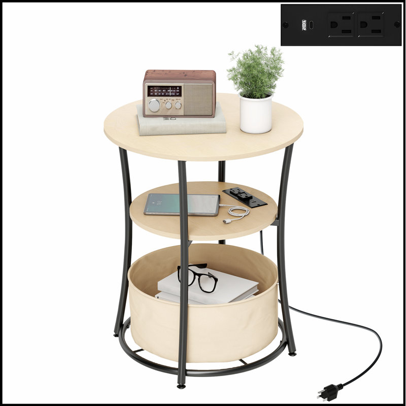Table basse Table d'appoint ronde avec station de charge, table de bout à 3 niveaux avec sac de rangement en tissu et tablette