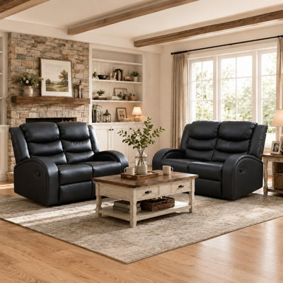 Ensemble de canapés inclinables manuels 2 pièces, ensemble de meubles de salon en tissu bleu pâle comprenant un canapé inclinable 3 places, une causeuse avec console, porte-gobelets et rangement, et un fauteuil inclinable pour home cinéma.