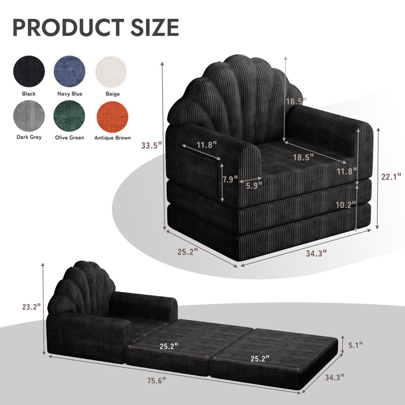 Boneless 2-in-1 Folding Sofa Bed with Back Support - 75" D x 34" W Convertible Futon Sleeper Chair and Bean Bag Floor Lounger for Small Spaces, Black
