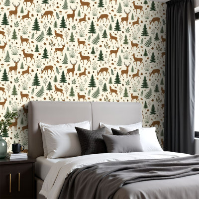 Papier peint adhésif à motif de forêt, forêt de cerfs, paysage, oiseaux, vol, l 23,6 po x H 118 po