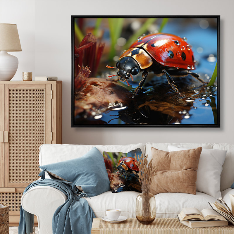 " Red Ladybug Portrait III ", 16" H x 32" W x 1" D, Black Floater Framed