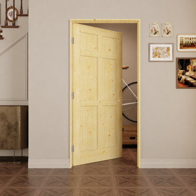 Porte intérieure à 6 panneaux en pin massif naturel de style colonial, pré-montée, avec kit de chambranle, joint d'étanchéité, charnières argentées et ouverture vers l'intérieur à gauche, non finie et à peindre, pour garde-manger, chambre, salle de bain, placard et salon, 91,4 cm x 203,2 cm