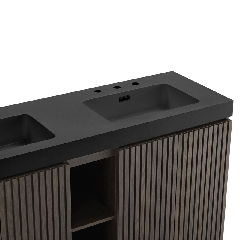 Meuble-lavabo avec lavabo et grand rangement 60F, Chêne fumé, Noir