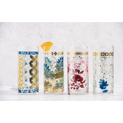 VIP Glass 6.5 in. Multicolor Floral Illustration Tumblers Set of 4