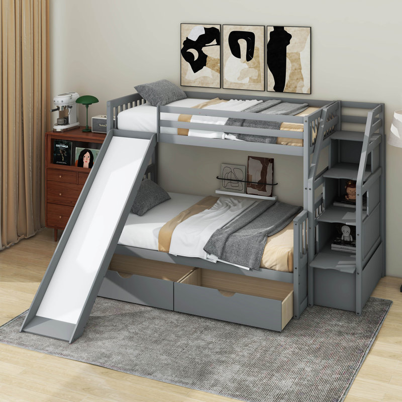 Lit simple superposé au dessus d'un lit double avec tiroirs, rangement et glissade, Gris