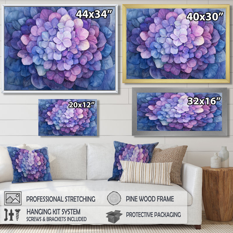 Irjat hortensia à l'aquarelle Mandella de l'encre mauve I - hydrangées, art mural sur toile, Argent argent, H 34 po x l 44 po