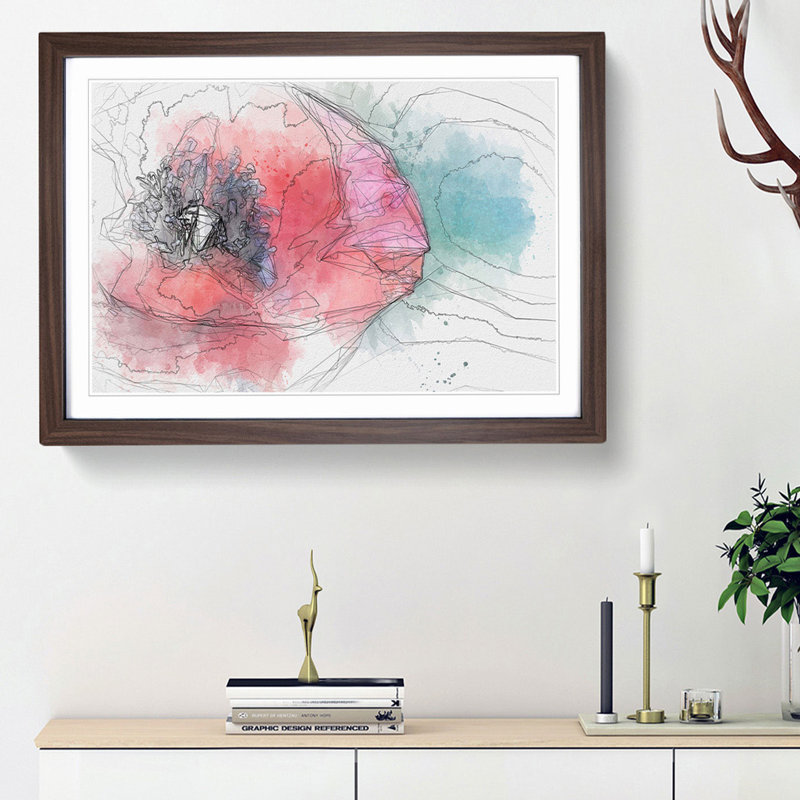 Eye of a Red Poppy Flower in Abstract - Picture Frame Graphic Art Print, 27cm H x 36cm W x 2cm D, Walnut Framed