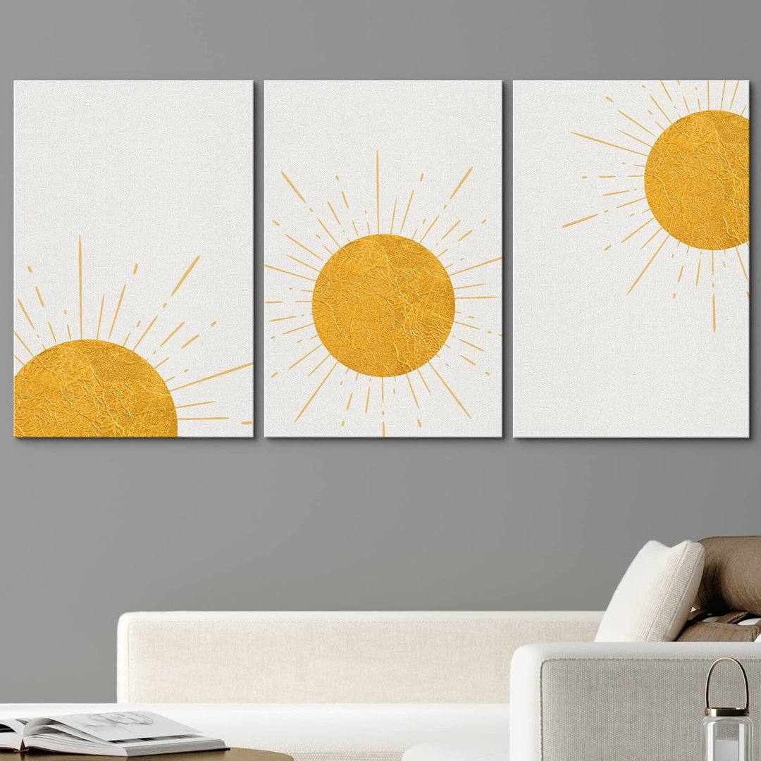 Sun And Moon " Shining Yellow Rising Sun Phases Nature Wilderness " 3 - Pieces IDEA4WALL 