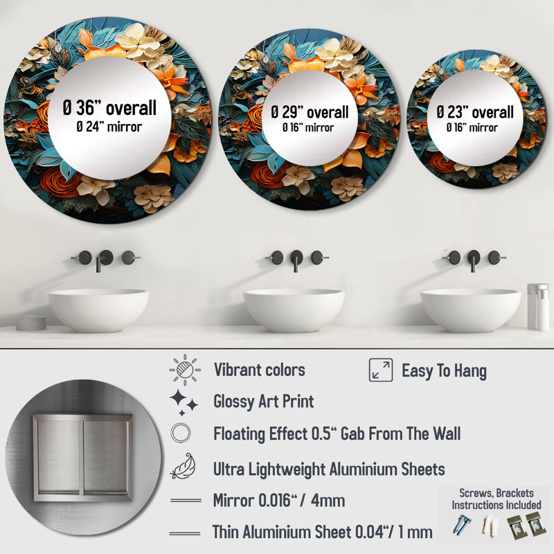 Setara Orange Blue Tropical Tangle III - Abstract Collages Decorative Mirror, Modern Round Wall Mirror, Printed Metal Art