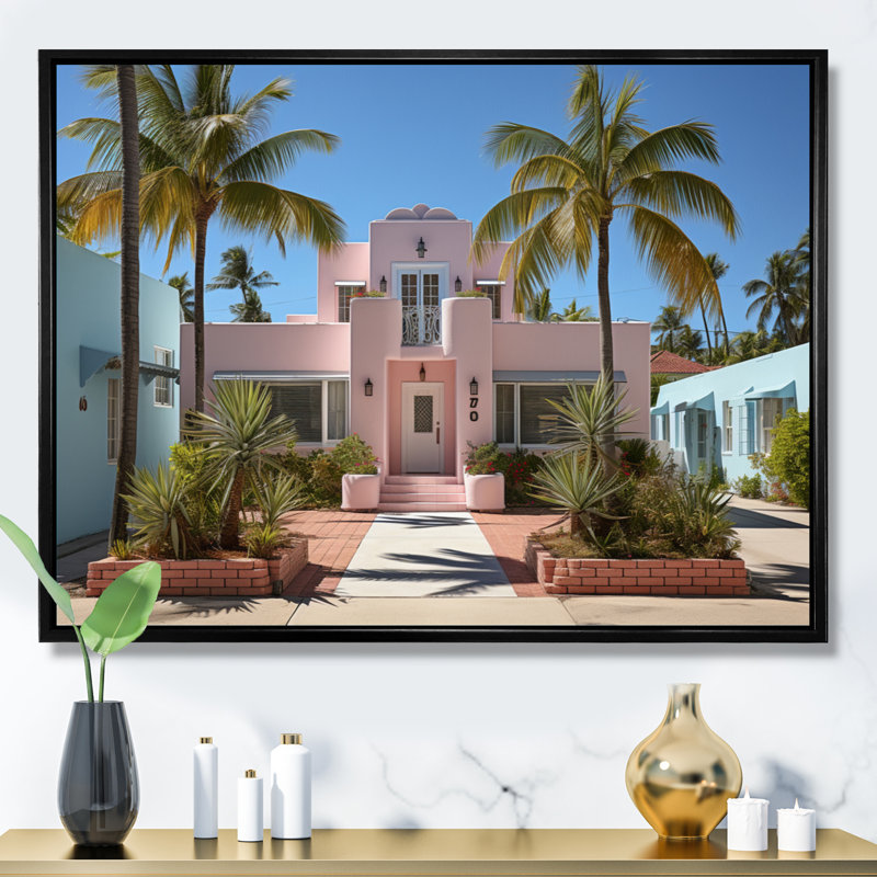 Miami Pink House IV, reproduction d'art sur toile, H 12 po x l 20 po x P 1 po, Cadre flottant noir