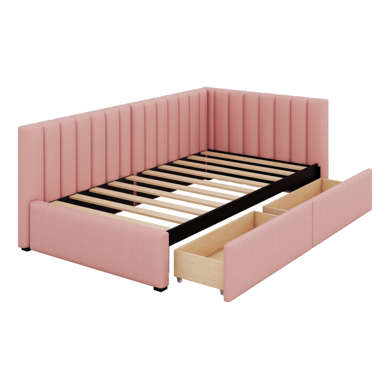 Upholstered Daybed With 2 Storage Drawers Twin Size Sofa Bed Frame, Pink