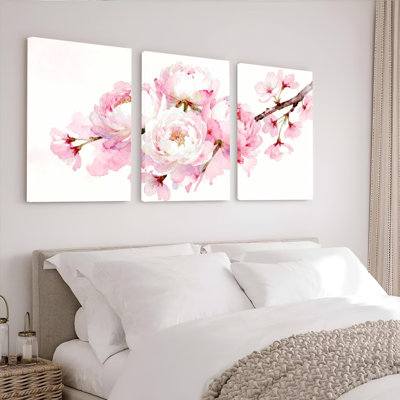 Tableau aquarelle floral en fleurs de cerisier roses sur toile tendue (lot de 3)