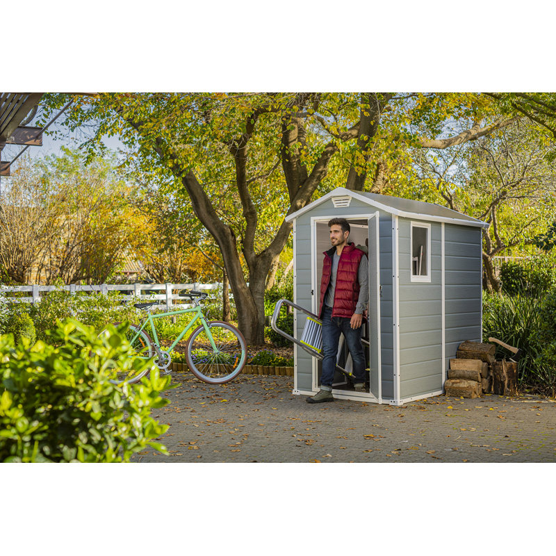 Keter Manor 4x6 ft. Durable Resin Outdoor Storage Shed With Floor and Double Doors for Garden Patio Furniture and Tools, Grey