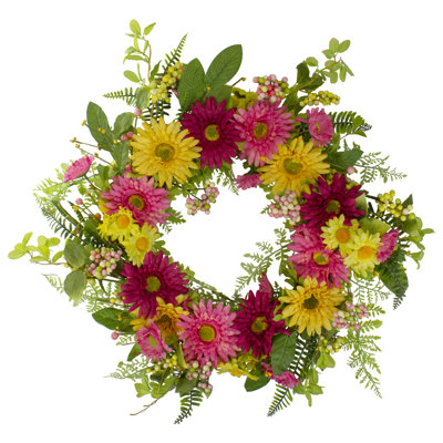 Chrysanthemum And Daisy Floral Spring Wreath  Pink And Yellow 23"