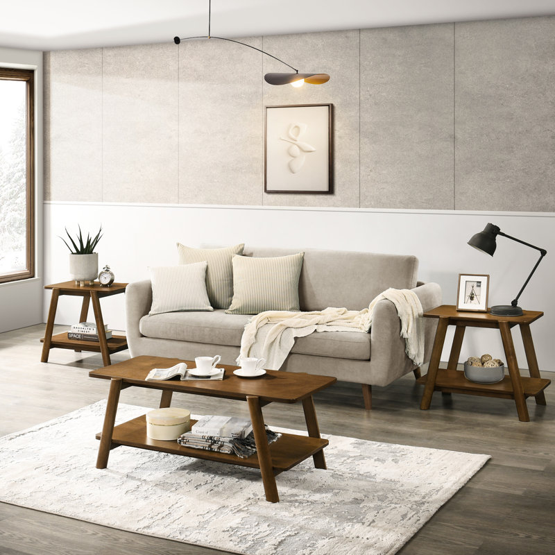 Table basse en noyer de style Mid-Century moderne, 3 tablettes avec tablettes de rangement