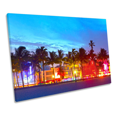 Miami Ocean Drive Beach Night - Wrapped Canvas Print