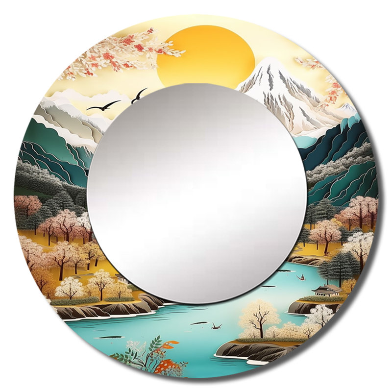 Quinnlan enneigé des sommets en montagne I - décor de miroir mural unique au Japon, grand miroir rond traditionnel, impression d'art en métal