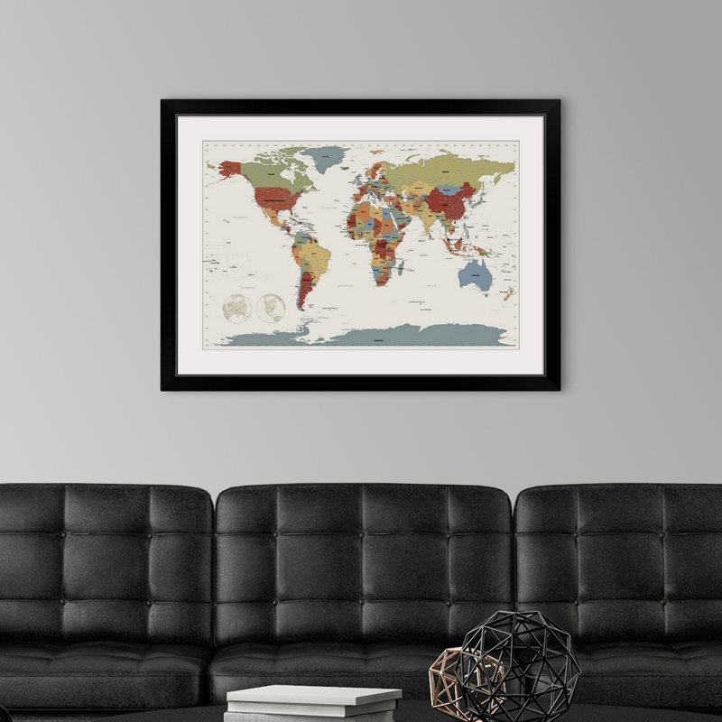 «World Map», impression par Michael Tompsett, H 28 po x l 38 po x P 1 po, Cadre noir