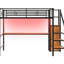 Lit mezzanine double en métal noir, bureau encastré, escalier de rangement, garde-robe, éclairage, plancher de la chambre à coucher-1072206214