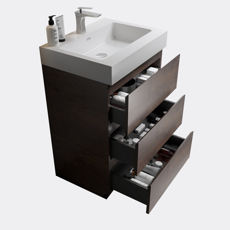 Meuble-lavabo autoportant avec grand lavabo et rangement, Blanc, Noyer