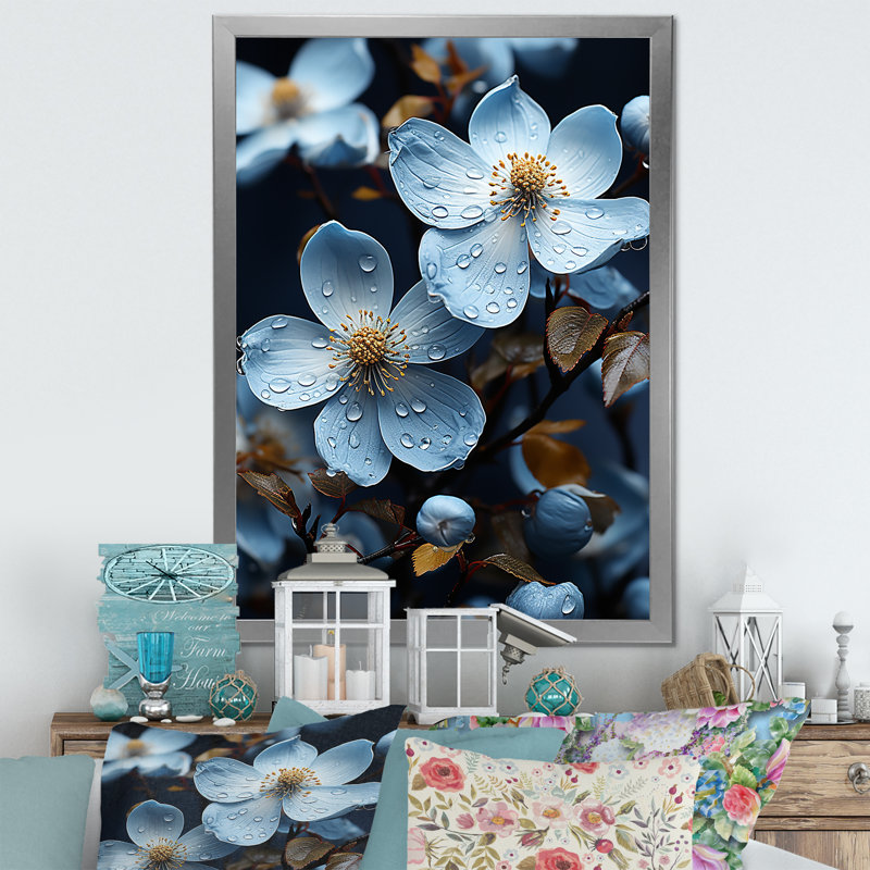Cornouiller en fleurs dans des tons de gris - imprimé, Cadre simple argenté, H 32 po x l 24 po x P 1 po