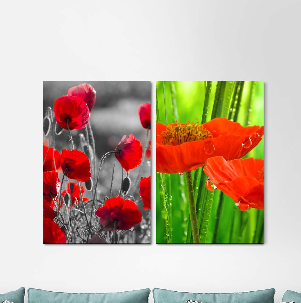 2-tlg. Leinwandbilder-Set - Grafikdruck „Poppy Summer Red Flowers Refreshing Green Nature”