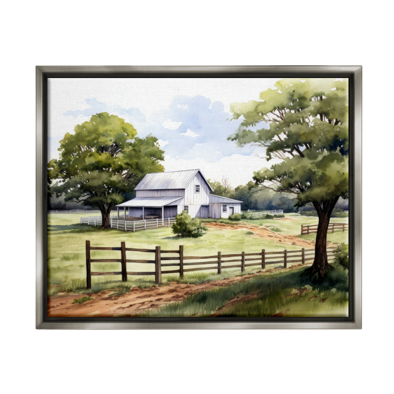" Rural Cottage Painting " by Ray Powers, Lustre Grey Floater Frame, 25" H x 31" W x 1.7" D