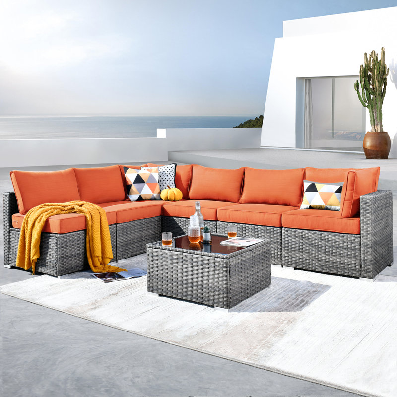 Ensemble de conversation modulaire en rotin 7 pièces avec coussins Lava, Orange / rouge