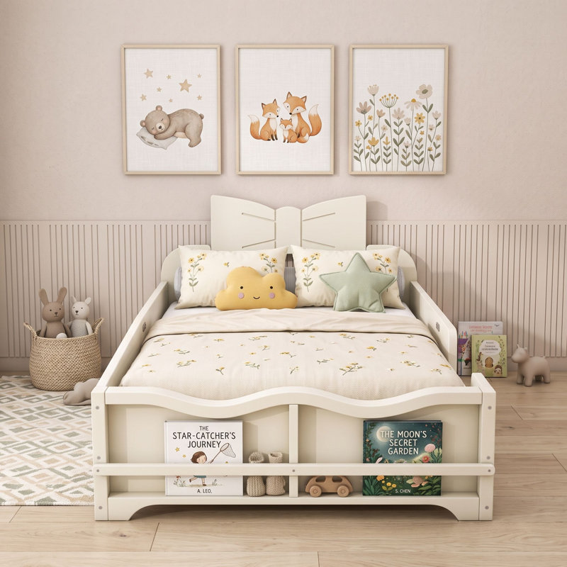 Lit plateforme avec bibliothèque, Twin, Beige