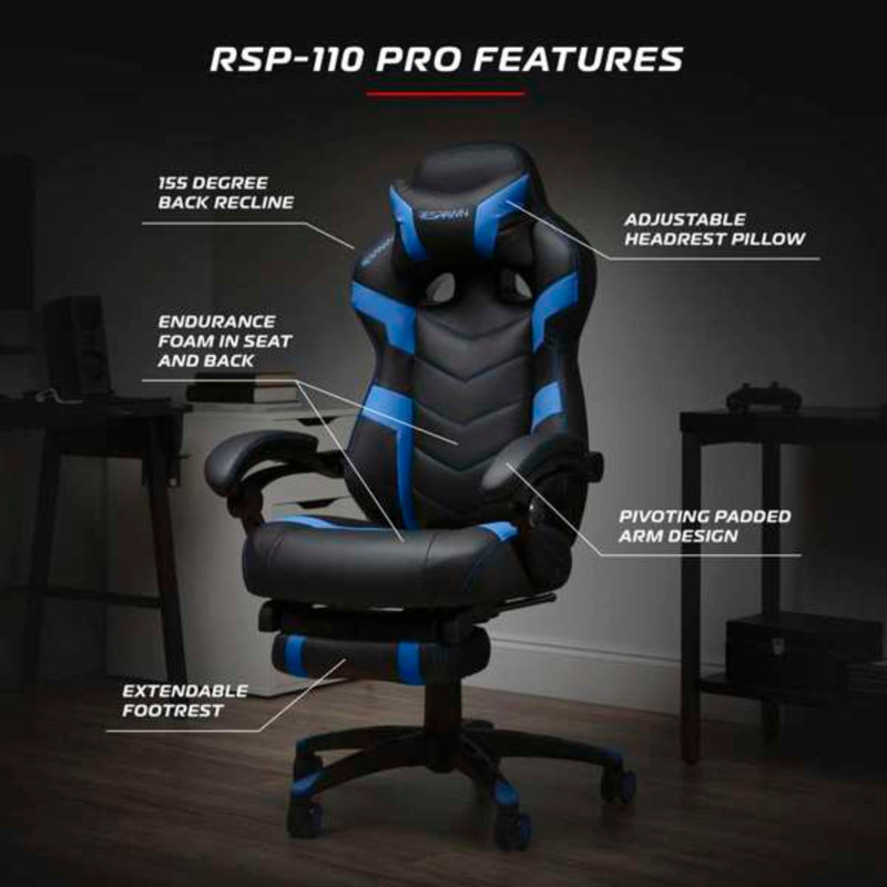 Blue and Black Ergonomic Gaming Chair with Footrest