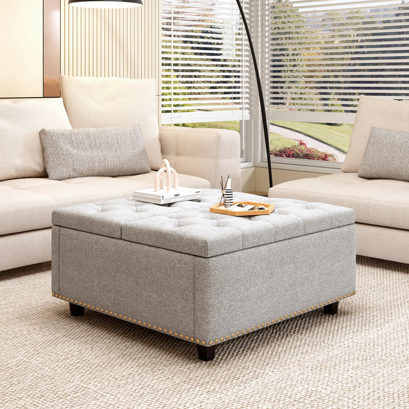 Grand banc de rangement carré, repose-pieds avec deux portes de rangement, table basse de style Mid-Century moderne, incrustation de têtes de clou, gris clair