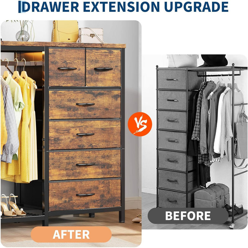 LED Fabric Dresser – 6 Drawers, Hanging Rail & Shelf, Metal Frame Wood Top Wardrobe for Bedroom, Brown