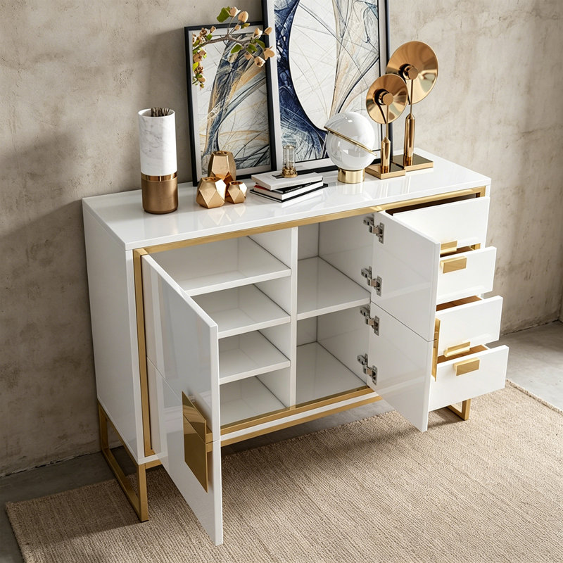 Buffet en verre trempé de style moderne, Gold/White/White