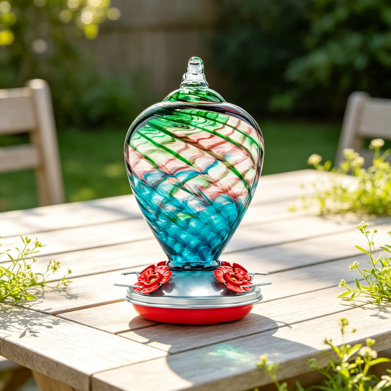 Mangeoire à colibri en verre soufflé à la main pour suspendre à l'extérieur avec douves de fourmis et crochets, mangeoire à oiseaux en nectar décorative pour jardin