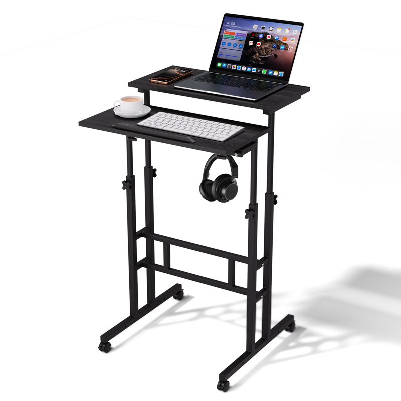 Mobile Computer Desk With Tilting Table, Adjustable Small Standing Desk W/ Monitor Shelf For Office, Black